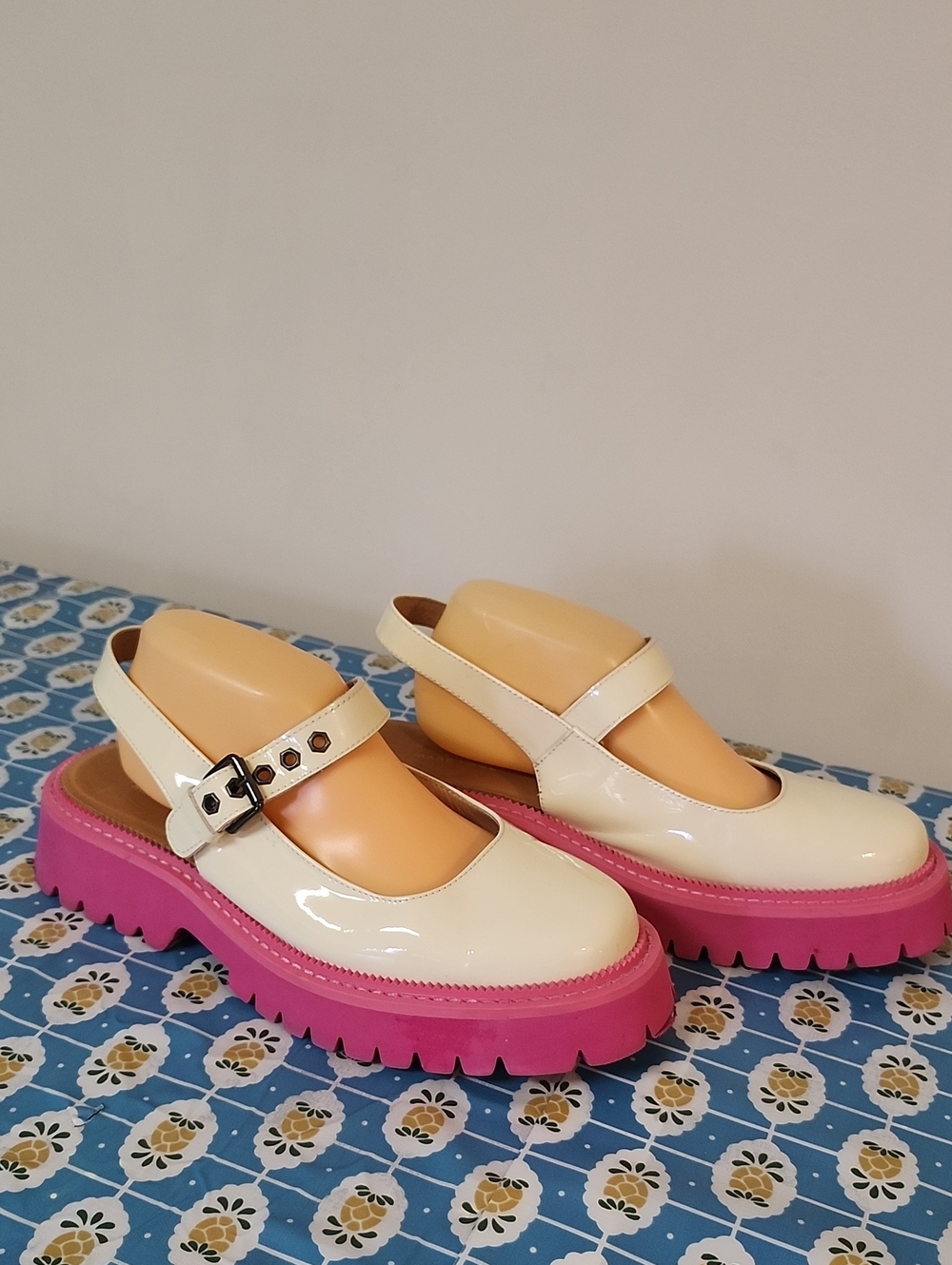 Patent Mary Jane Slingback Mules Cream Pink Luna Chunky Clogs Size 10